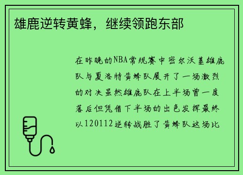 雄鹿逆转黄蜂，继续领跑东部