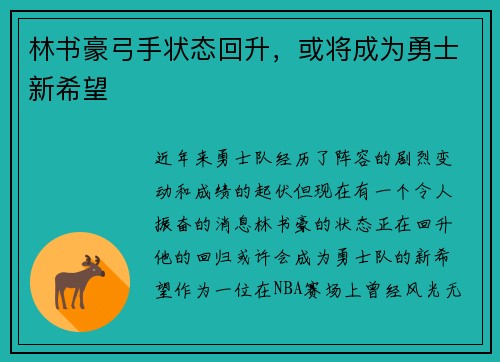 林书豪弓手状态回升，或将成为勇士新希望