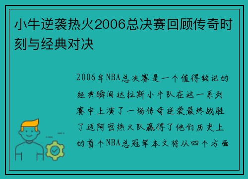 小牛逆袭热火2006总决赛回顾传奇时刻与经典对决
