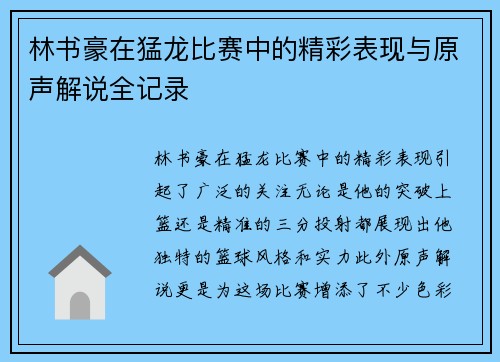 林书豪在猛龙比赛中的精彩表现与原声解说全记录