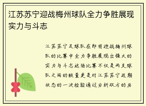 江苏苏宁迎战梅州球队全力争胜展现实力与斗志