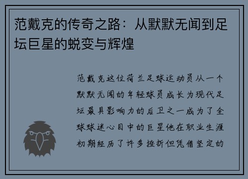 范戴克的传奇之路：从默默无闻到足坛巨星的蜕变与辉煌