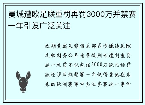 曼城遭欧足联重罚再罚3000万并禁赛一年引发广泛关注