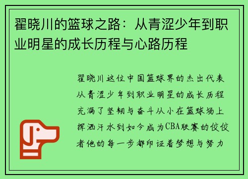 翟晓川的篮球之路：从青涩少年到职业明星的成长历程与心路历程