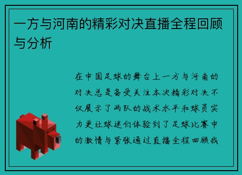 一方与河南的精彩对决直播全程回顾与分析
