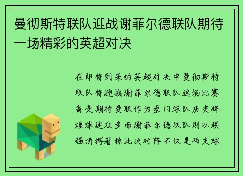 曼彻斯特联队迎战谢菲尔德联队期待一场精彩的英超对决