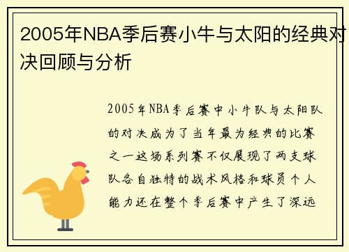2005年NBA季后赛小牛与太阳的经典对决回顾与分析