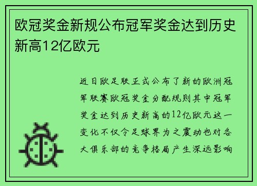 欧冠奖金新规公布冠军奖金达到历史新高12亿欧元