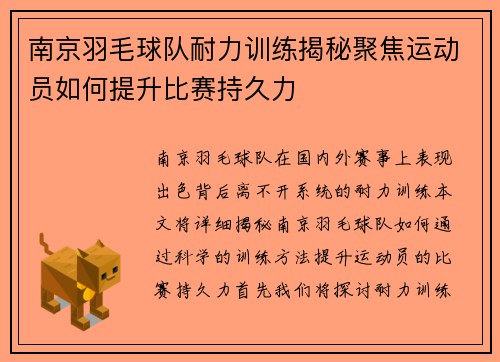 南京羽毛球队耐力训练揭秘聚焦运动员如何提升比赛持久力